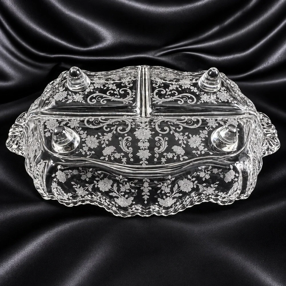 Cambridge Diane Etched Crystal 3 Part Relish Dish 4 Footed 12.5